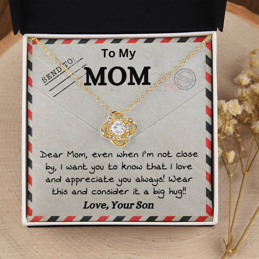 To My Mom Airmail Love Knot Necklace with Message Card Gold Necklace Love Your Daughter Gift from Son