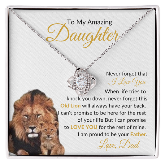 Daughter Never Forget that I Love You | Love Knot Necklace White and Gold Card