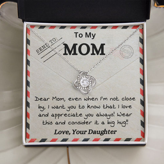 To My Mom Airmail Love Knot Necklace with Message Card White Gold and Silver Necklace Love Your Daughter Gift from Daughter