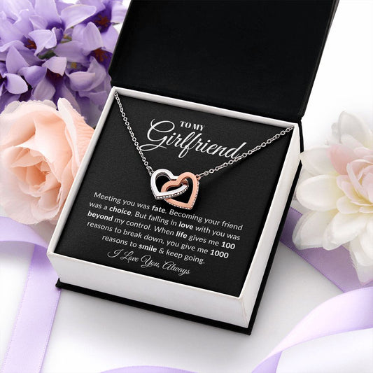 To My Girlfriend-Interlocking Hearts Necklace Black Card