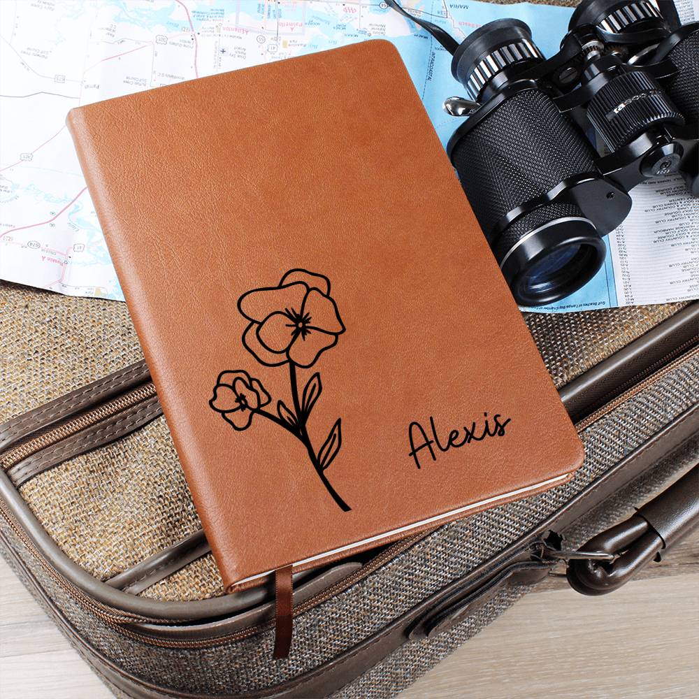 Personalized Feb Violet Birth Month Wildflower Flower Leather Journal, Name Notebook, Gift for Her