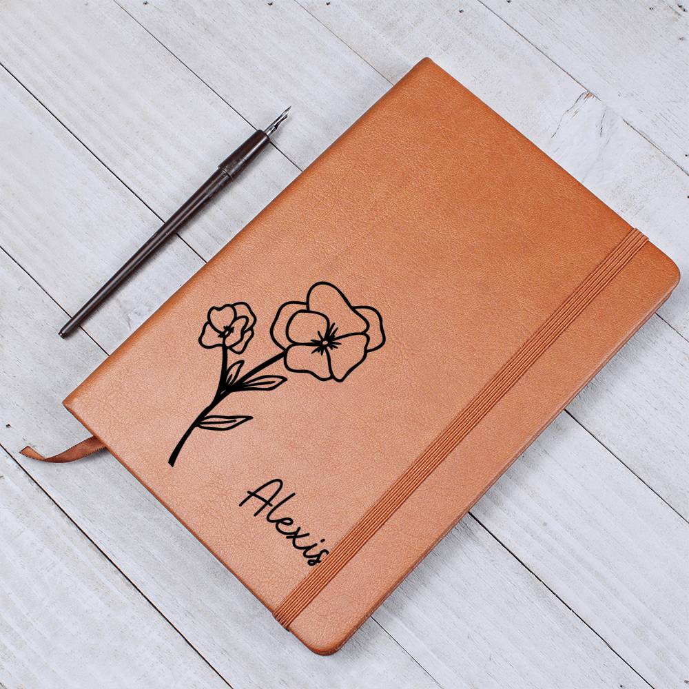 Personalized Feb Violet Birth Month Wildflower Flower Leather Journal, Name Notebook, Gift for Her