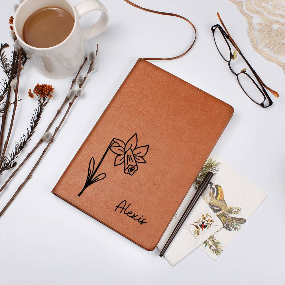 Personalized March Daffodil Birth Month Wildflower Flower Leather Journal, Name Notebook, Gift for Her