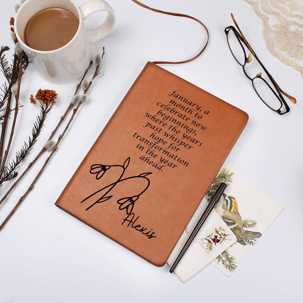 Personalized Jan Snowdrop Birth Month Wildflower Flower Leather Journal with Poem, Name Notebook, Gift for Her