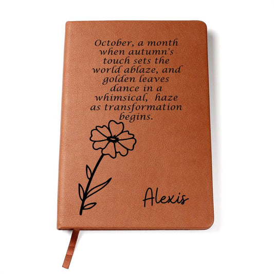 Personalized Birth Month Oct,Cosmos Wildflower Poem Leather Journal,Custom Name Notebook, Engraved Journals,Travel Diary Gift for Her