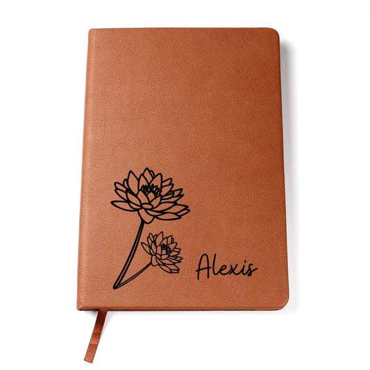 Personalized Birth Month July,Water Lily Wildflower Leather Journal,Custom Name Notebook, Engraved Journals,Travel Diary Gift for Her