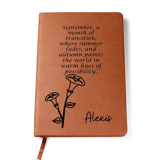 Personalized Birth Month Sep,Morning Glory Wildflower Leather Journal Poem,Custom Name Notebook, Engraved Travel Diary Gift for Her