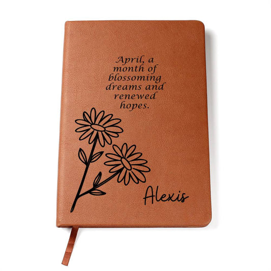 Personalized April Daisy Birth Month Wildflower Flower Leather Journal with Poem, Name Notebook, Gift for Her