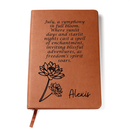 Personalized Birth Month July, Water Lily Wildflower Leather Journal,Custom Name Notebook, Engraved Journals,Travel Diary Gift for Her