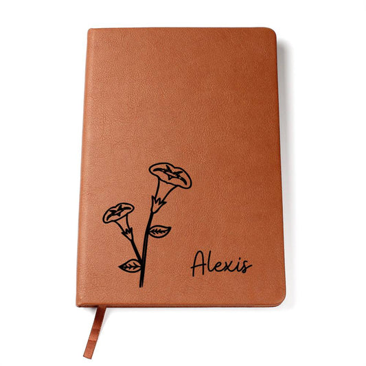 Personalized Birth Month Sept,Morning Glory Wildflower Leather Journal,Custom Name Notebook, Engraved Journals,Travel Diary Gift for Her