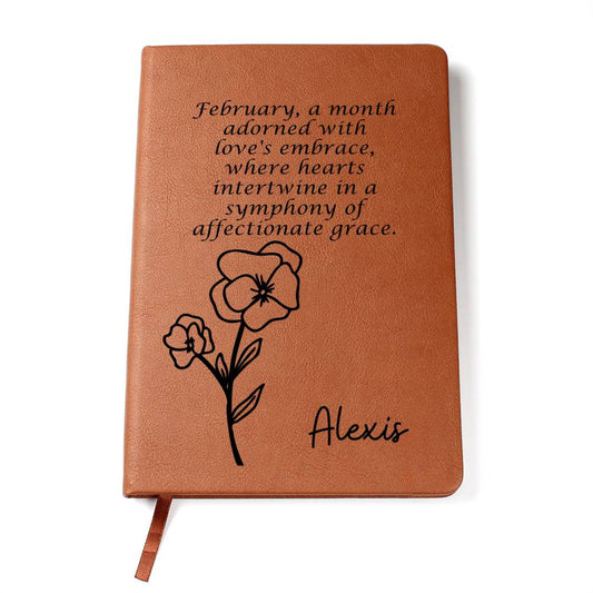 Personalized Feb Violet Birth Month Wildflower Flower Leather Journal with Poem, Name Notebook, Gift for Her