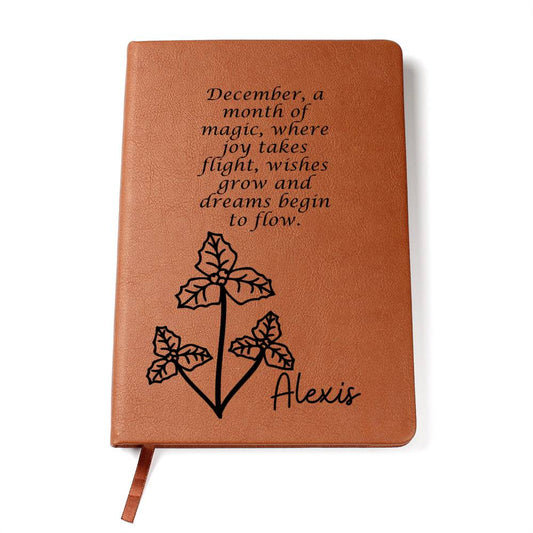 Personalized Birth Month Dec, Holly Wildflower PoemLeather Journal,Custom Name Notebook, Engraved Journals,Travel Diary Gift for Her