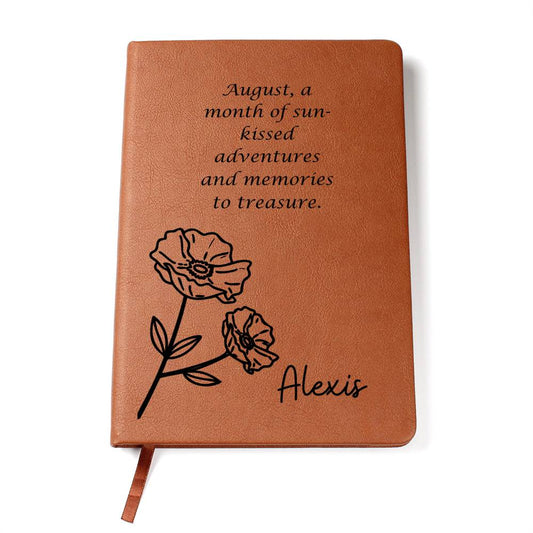 Personalized Birth Month August,Poppy Wildflower with Poem Leather Journal,Custom Name Notebook, Engraved Journals,Travel Diary Gift for Her