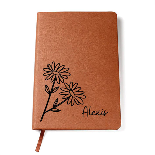 Personalized April Daisy Birth Month Wildflower Flower Leather Journal, Name Notebook, Gift for Her