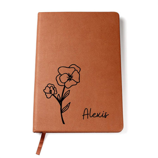 Personalized Feb Violet Birth Month Wildflower Flower Leather Journal, Name Notebook, Gift for Her