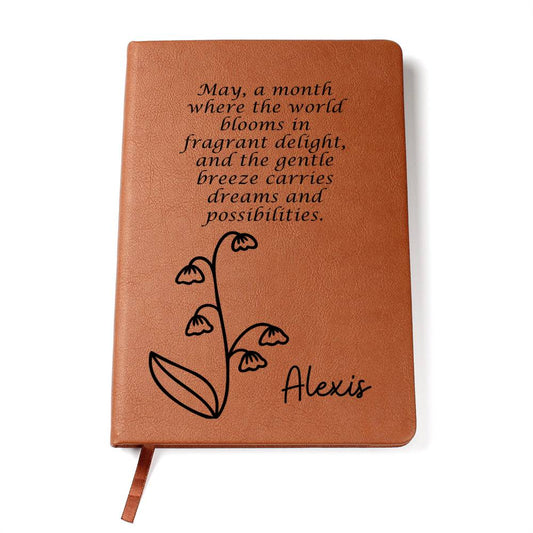 Personalized May Lily of the Valley Birth Month Wildflower Flower Leather Journal with Poem, Name Notebook, Gift for Her