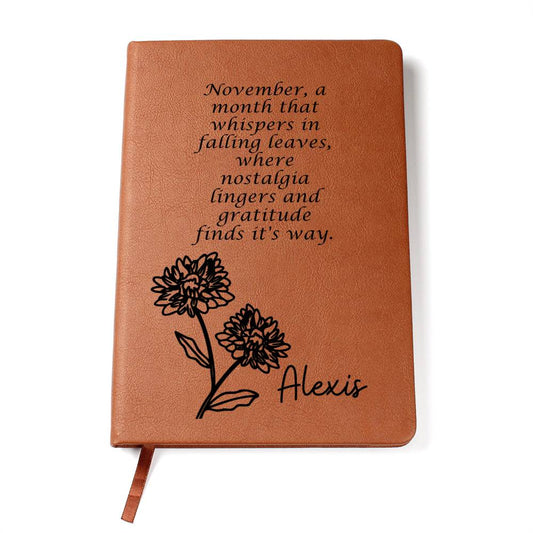 Personalized Birth Month Nov, Crysan Wildflower Poem Leather Journal,Custom Name Notebook, Engraved Journals,Travel Diary Gift for Her