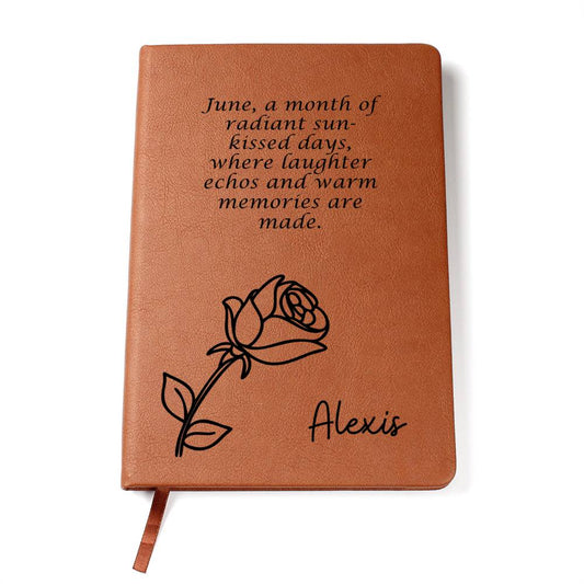 Personalized Birth Month June, Rose Wildflower with Poem Leather Journal,Custom Name Notebook, Engraved Journals,Travel Diary Gift for Her