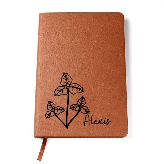 Personalized Birth Month Dec, Holly Wildflower Leather Journal,Custom Name Notebook, Engraved Journals,Travel Diary Gift for Her