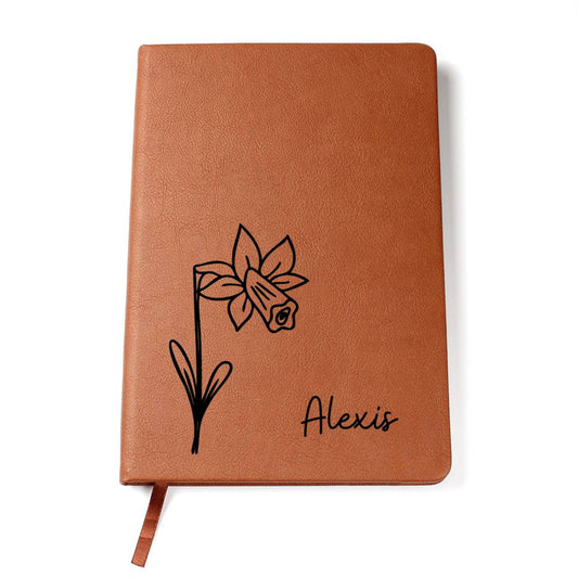 Personalized March Daffodil Birth Month Wildflower Flower Leather Journal, Name Notebook, Gift for Her