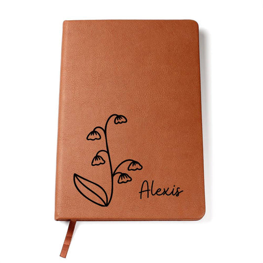 Personalized May Lily of the Valley Birth Month Wildflower Flower Leather Journal, Name Notebook, Gift for Her