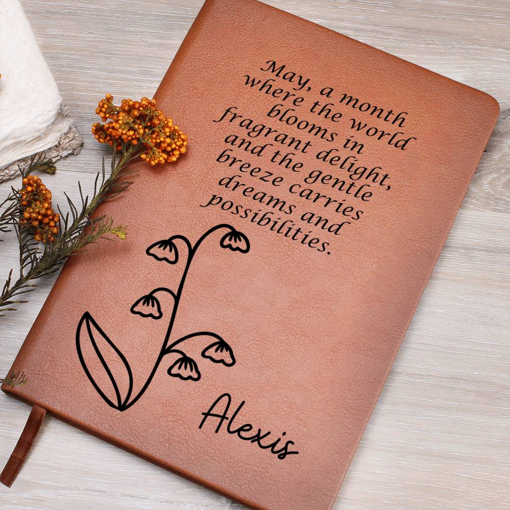 Personalized May Lily of the Valley Birth Month Wildflower Flower Leather Journal with Poem, Name Notebook, Gift for Her