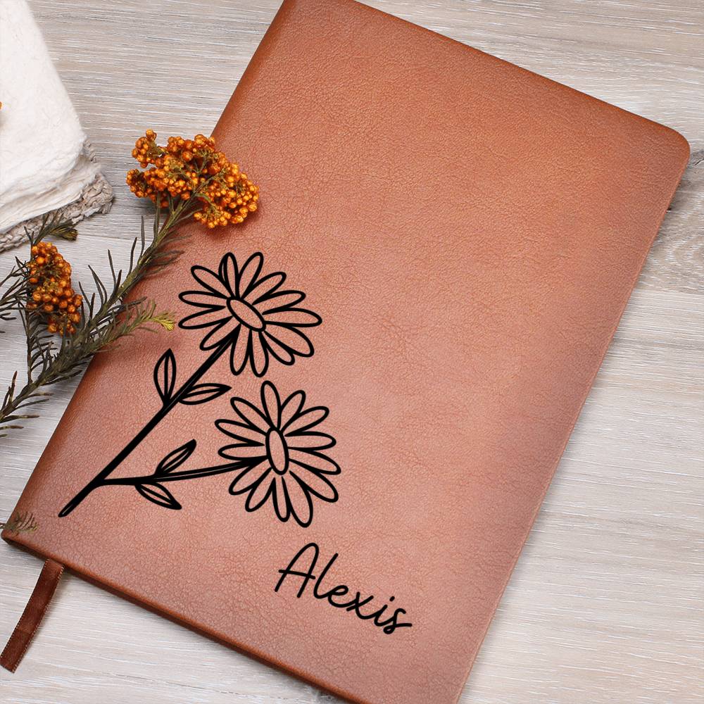 Personalized April Daisy Birth Month Wildflower Flower Leather Journal, Name Notebook, Gift for Her