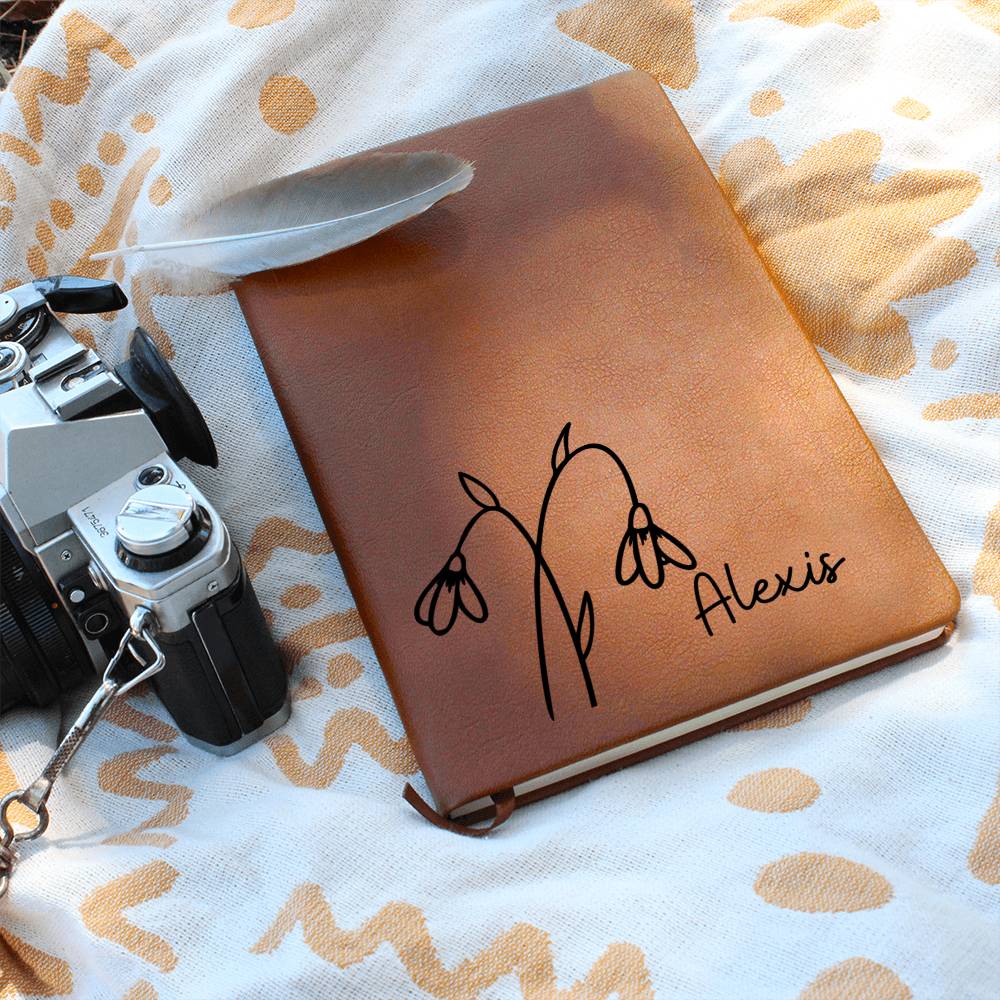 Personalized Jan Snowdrop Birth Month Wildflower Flower Leather Journal, Name Notebook, Gift for Her