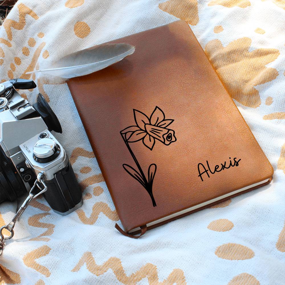 Personalized March Daffodil Birth Month Wildflower Flower Leather Journal, Name Notebook, Gift for Her