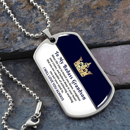 To my grandson dog tag necklace blue white and silver with a crown