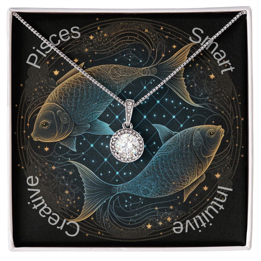 Pisces Zodiac sign fish Image with pendant necklace.  Smart, Intuitive, Creative