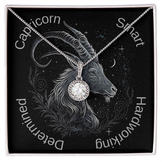 Capricorn Zodiac sign goat Image with pendant necklace.  Smart, Hardworking, Determined