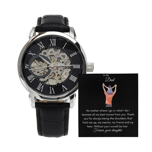 Men's Openwork Watch with Mahogany Box Black Card Forever Daughter